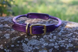 Collare tubolare con targhetta in ottone personalizzata, fatto in cuoio viola con fibbia in ottone.