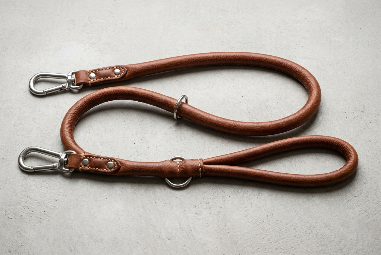 Guinzaglio tubolare da addestramento taglia L realizzato in cuoio nocciola con moschettoni in acciaio inox.Guinzaglio tubolare da addestramento taglia L realizzato in cuoio nocciola con moschettoni in acciaio inox.